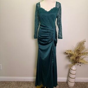 Emerald Green Lace Satin Ruched Maxi Formal Gown Dress